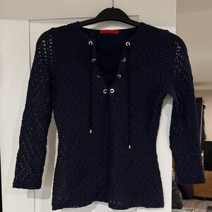 Carolina Herrera Navy Lace-Up Knit Top
